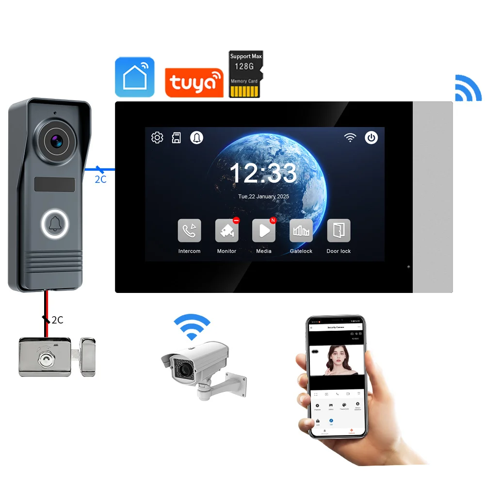 

Video Door Phone Intercom System With Electric Lock Smart Doorbell Wifi Outdoor 4 House Complete Display and Accessories