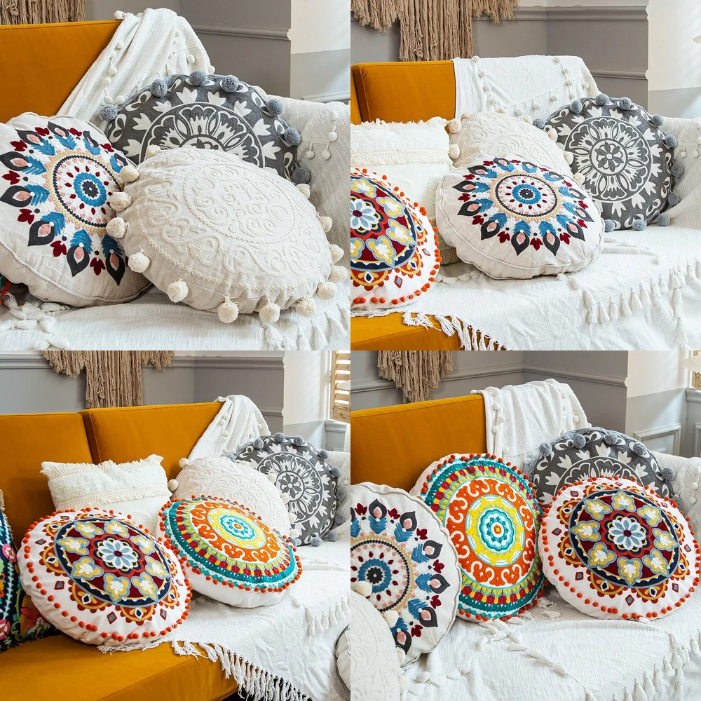 

Марокканский этнический чехол для круглой подушки с ручной вышивкой для домашних животных (собак, кошек), декоративная наволочка для дивана, для дома, гостиной