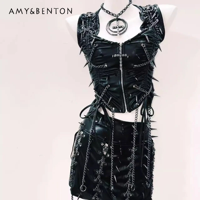 

Punk Dark Hot Girl Necklace Halter Women's Vest Original Goth Chain Black Skirt Sweet Cool Sexy Rivet Short Skirts Suit Ladies