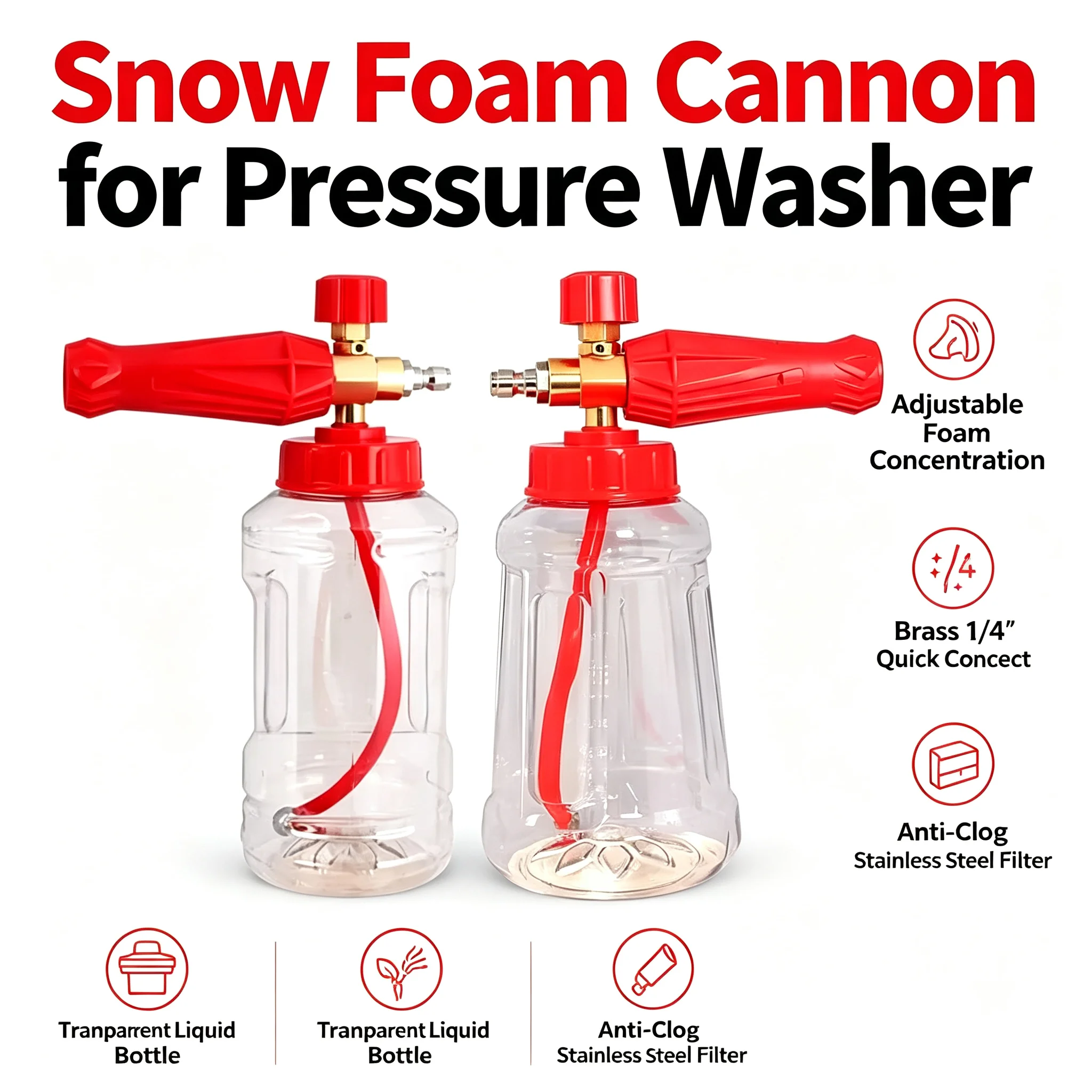 Snow Foam Cannon for Pressure Washer, Adjustable Car Wash Foam Gun with Transparent Bottle, Easy to Check Liquid Level