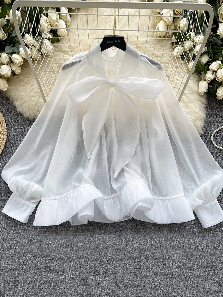 

Spring Autumn Retro Bubble Sleeve Shirt Women's White Butterfly Tie Loose Mesh Temperament Long Sleeve Blouse Top Female C123