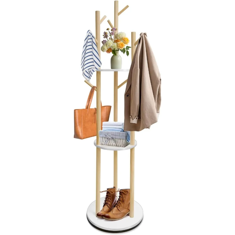 

Rotary Coat Rack,Solid Wood Coat Rack Freestanding with 3 Shelves and 9 Hooks,Sturdy and Easy to Assemble Coat Tree for Entrywa