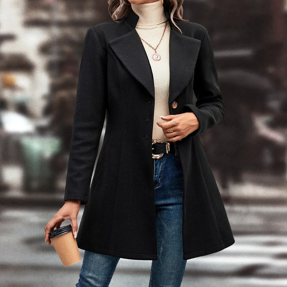 Cardigan Blends Solid Long Sleeve Single Breasted Outerwear Loose Fit Button Turn Down Collar Wool Coats Button Office Lady