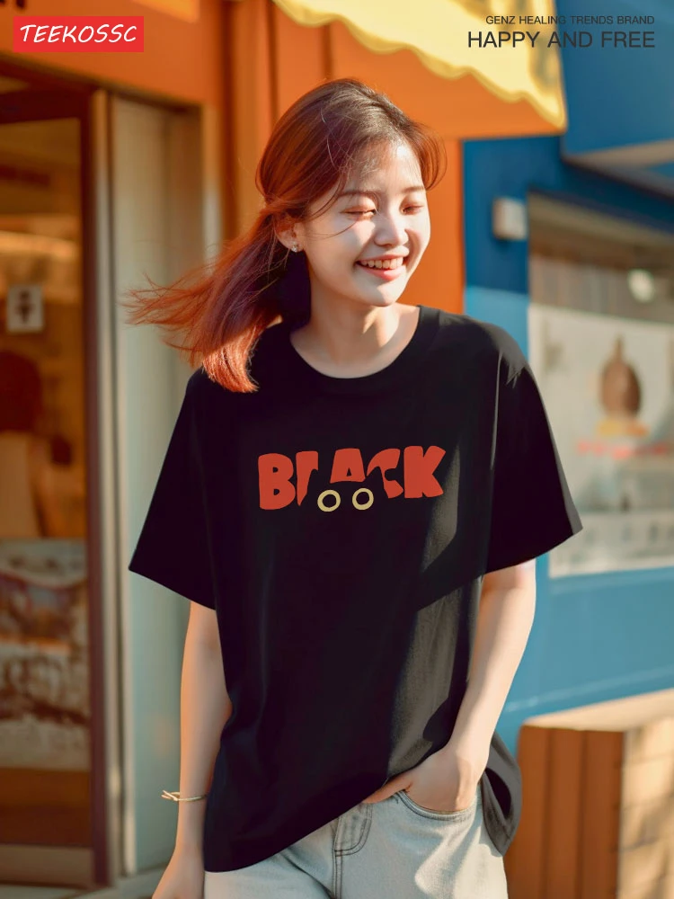 BLACK Cat Fashion Brand Pure Cotton Loose Summer Short Sleeved T-shirt Male Women Students Street Black Cat Couple Street Tees