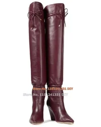 Brown Leather Minimalist Chunky Heeled Gathered Over The Knee Boots Women Pointed Toe Lace Up Thigh High Long Booties