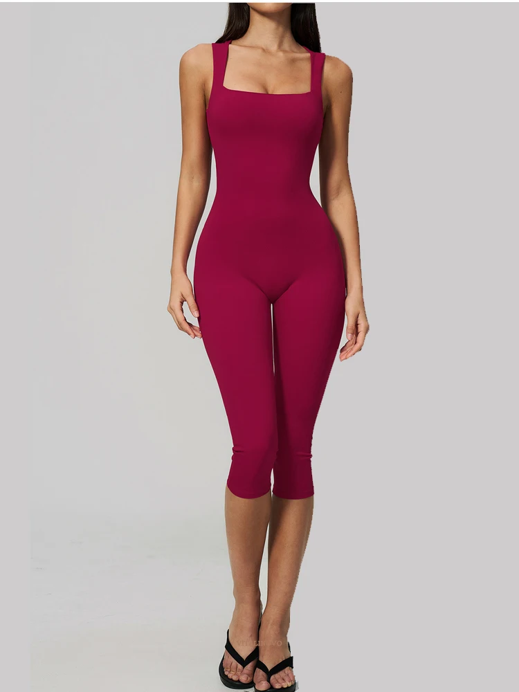VITALINOVO Damen Ärmelloser Yoga-Romper mit eckigem Ausschnitt, einteiliger nahtloser gepolsterter Tank-Top-Jumpsuit, Capri-Leggings, Workout-Romper – Detail 7