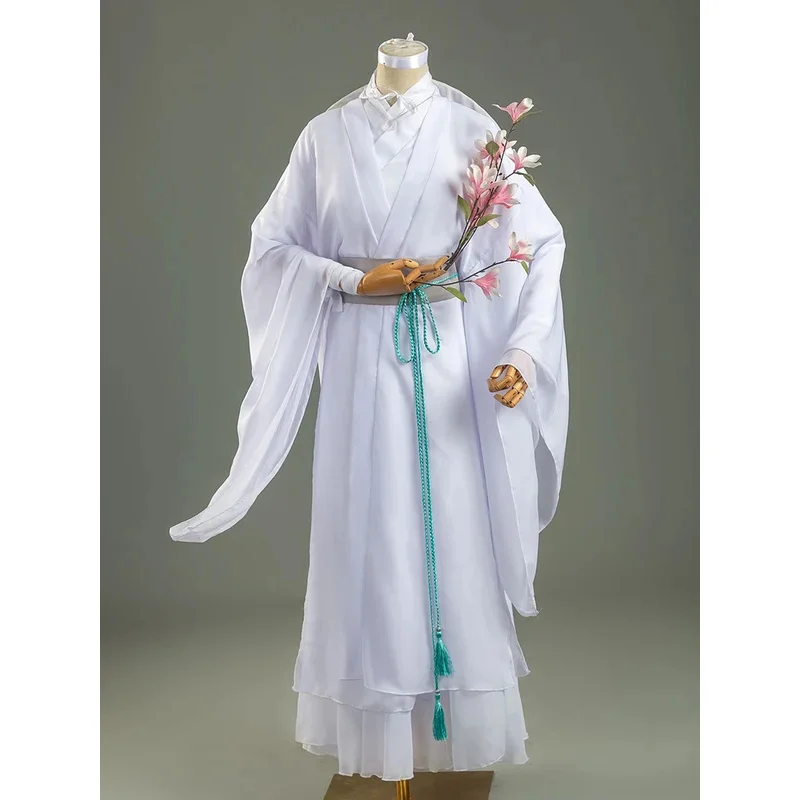 Tian Guan Ci Fu Xie Lian-pelucas de disfraz, sombrero de bambú, traje blanco HanFu, tela de Halloween, sombrero de bendición oficial del cielo