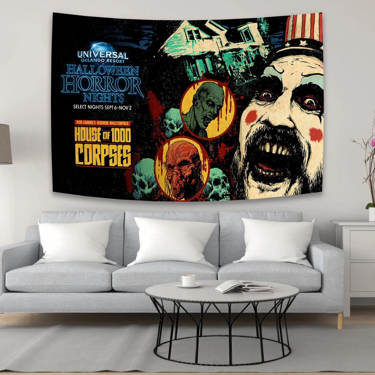 House Of 1000 cadaveri film Horror decorazione della casa arazzo tende di Halloween sfondo psichedelico tela da parete