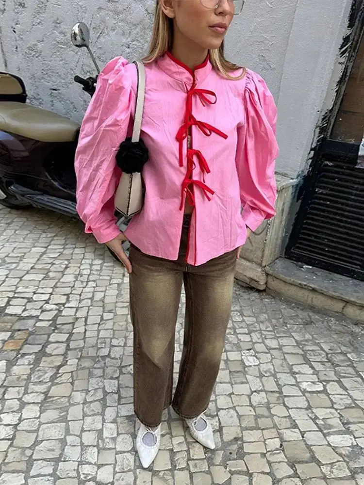 ربيع 2024 المرأة O Ne التباين القوس الدانتيل يصل irts Faionable الدانتيل يصل القمم للسيدات مريحة تناسب بلوزة السيدات