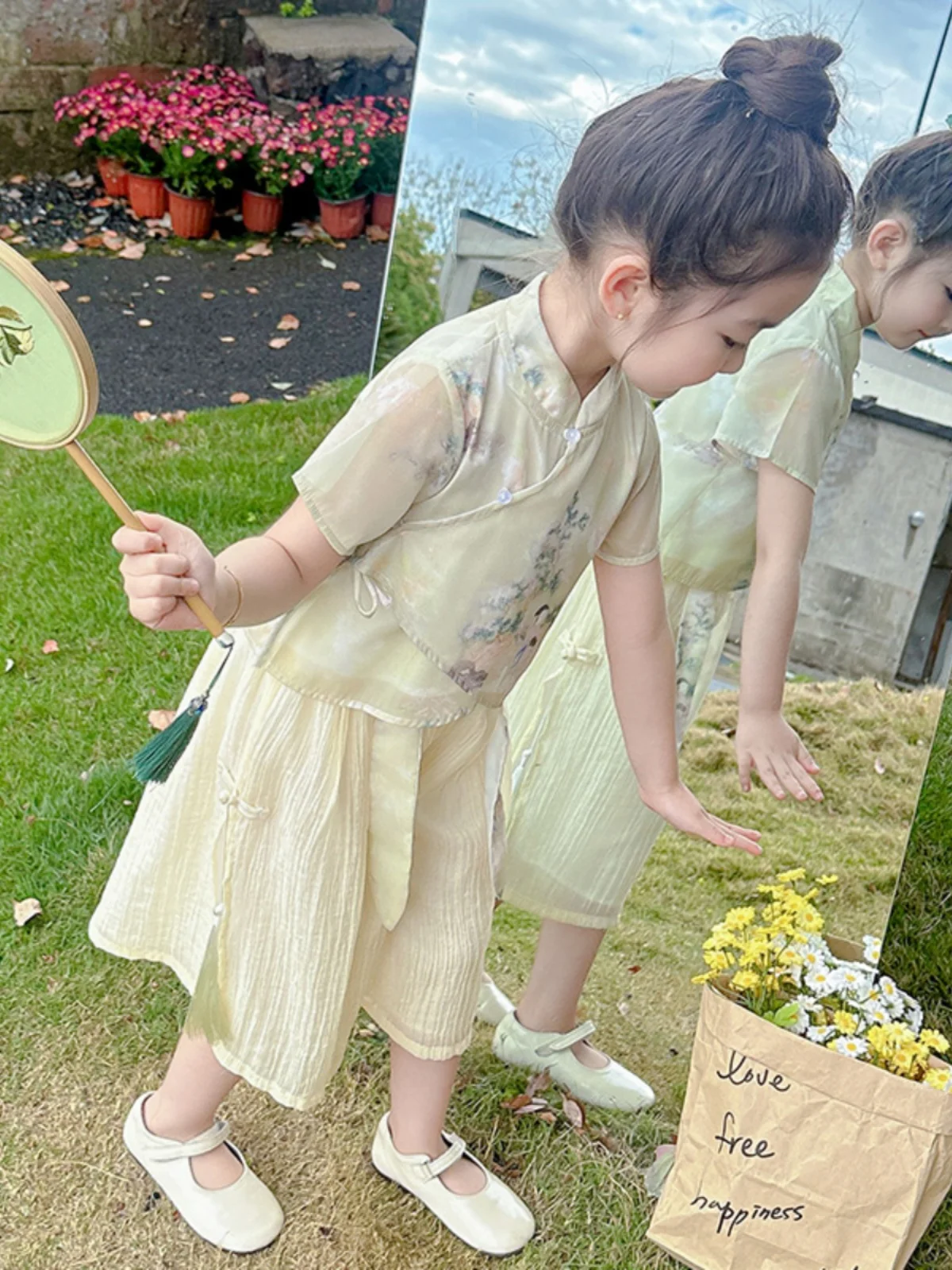 Faionable Hanfu-set voor kleine meisjes, zomer, nieuwe collectie, tweedelige trendy moderne Chinese sle-zijden top en rok, dameskleding