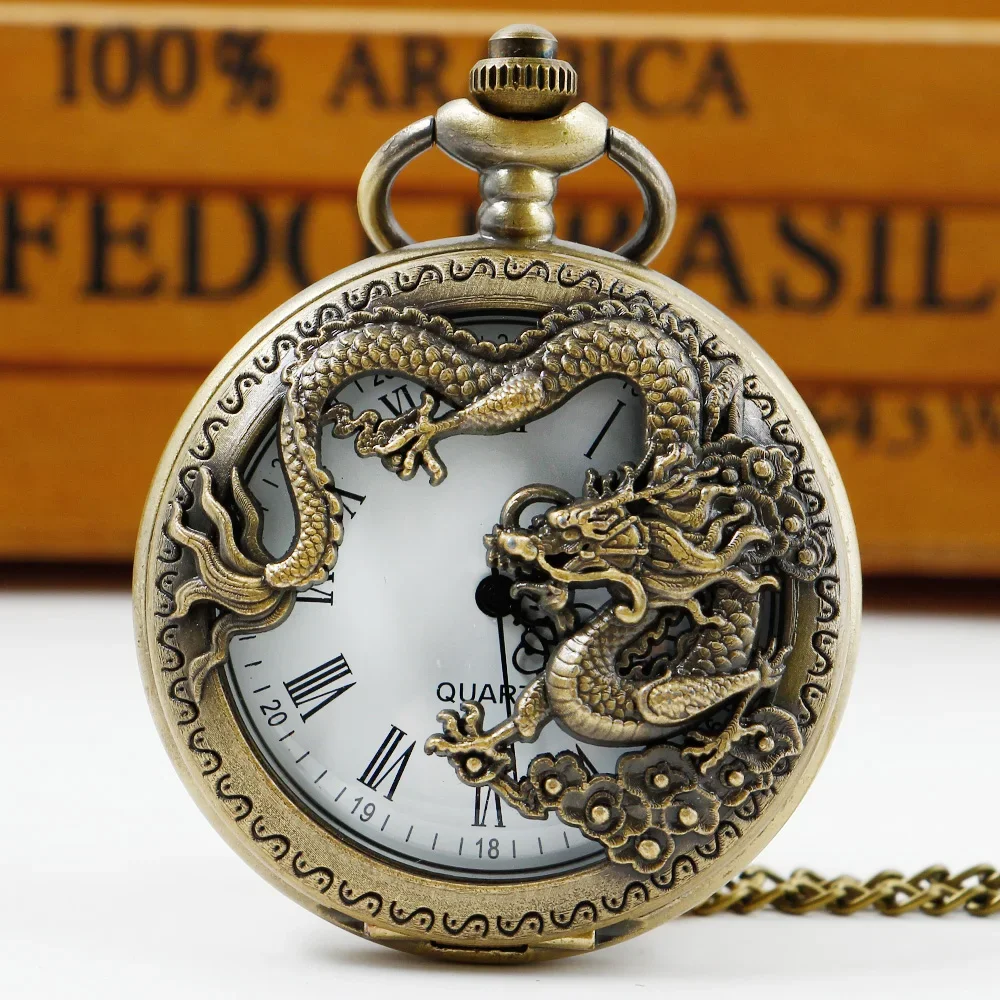 

Retro Half Hunter Hollow Dragon & Phoenix Design Pendant Men Women Pocket Watch Chain Fashion Cool Clock Children Gift