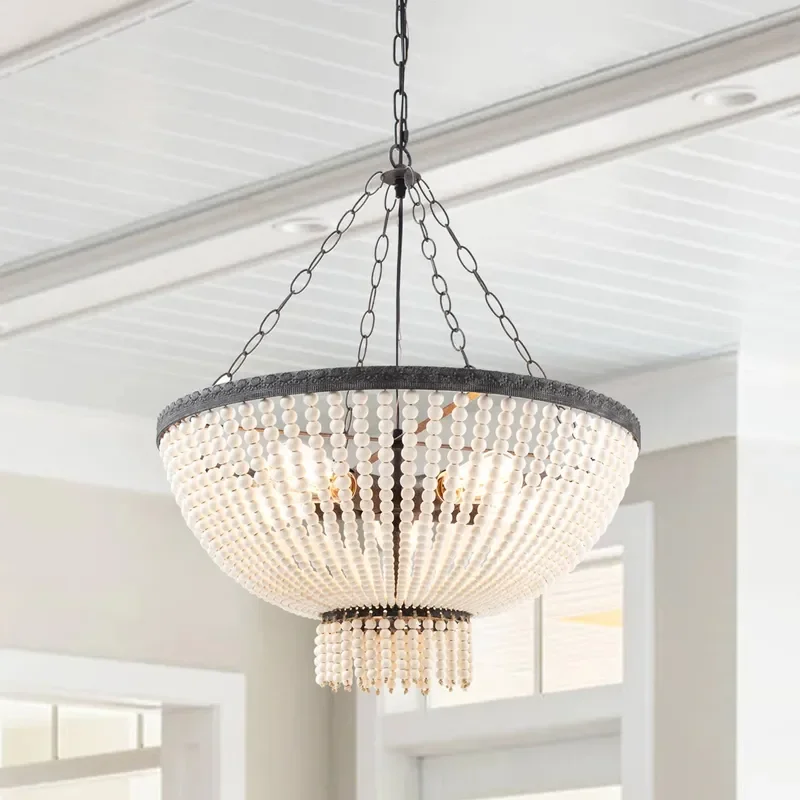 American Retro Wooden Bead Chandelier French Country Pendant Light for Living Room Dining Bedroom Home Decor Fixture
