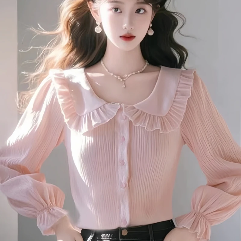 

Атласные женские блузки с рюшами, корейские рубашки, модная свободная весенне-летняя повседневная одежда, однотонные женские топы с длинными рукавами