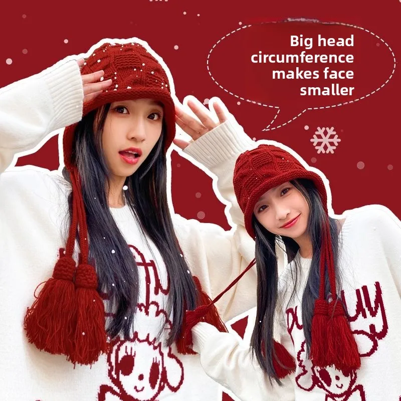 Stylish Cozy Autumn Winter Warmth Knitted Fringe Ear Flap Beanie for Women Oversized Head Circumference Face Slimming Hat