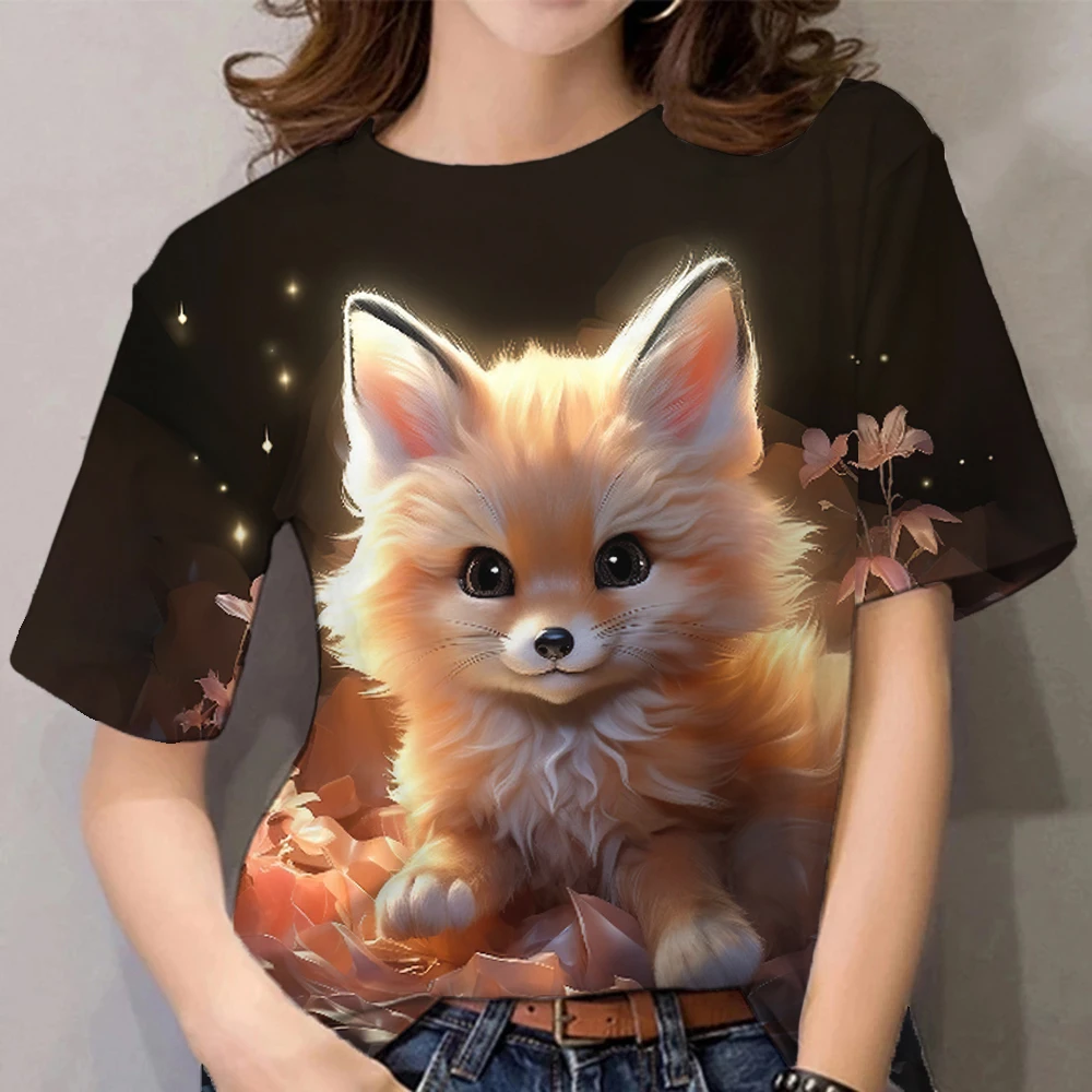 3D Cartoon Animal Print Fashion Cute Fox Pattern Women\'s T-shirts Casual Summer Short Sleeves Tees Tops Female Clothing Pullover