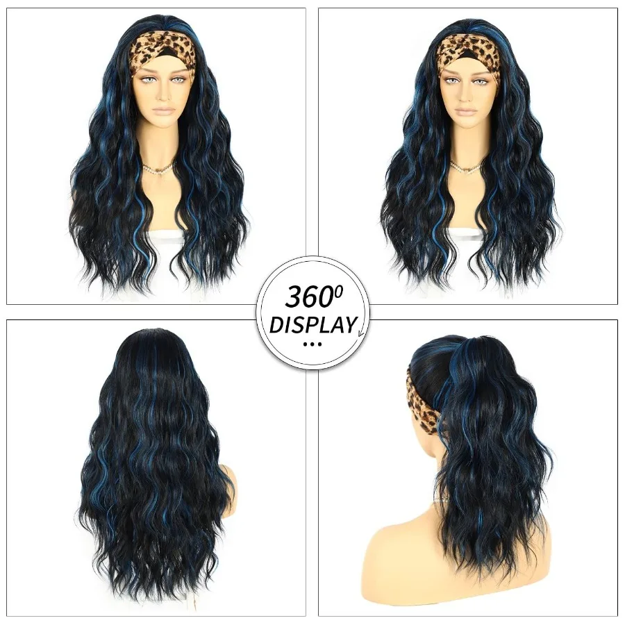 Loose Body Wave Wig with Headband Attached in Black Mix Blue Highlight Color for Black Women Glueless Synthetic Hairpiece 26 In