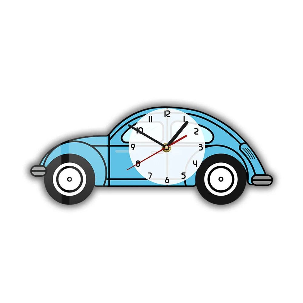 Blue Retro Car Wall Clock For Teenage Room Cartoon Garage Workshop Decor Vehicle Transportation Artwork Watch Silent Sweep Clock