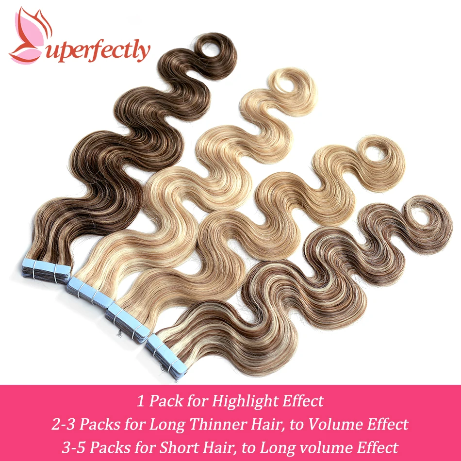 Uperfect-وصلات شعر ريمي ، شعر بشري ، موجة جسم ، أشقر ، لون Balayage ، جانب مزدوج ، شريط لاصق ، 12-26 بوصة