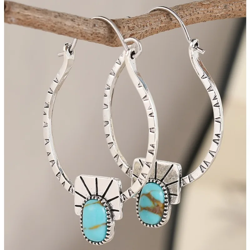 

Vintage Ethnic Style Silver Color Metal Geometry Round Square Blue Stone Dangle Earrings for Women Jewelry