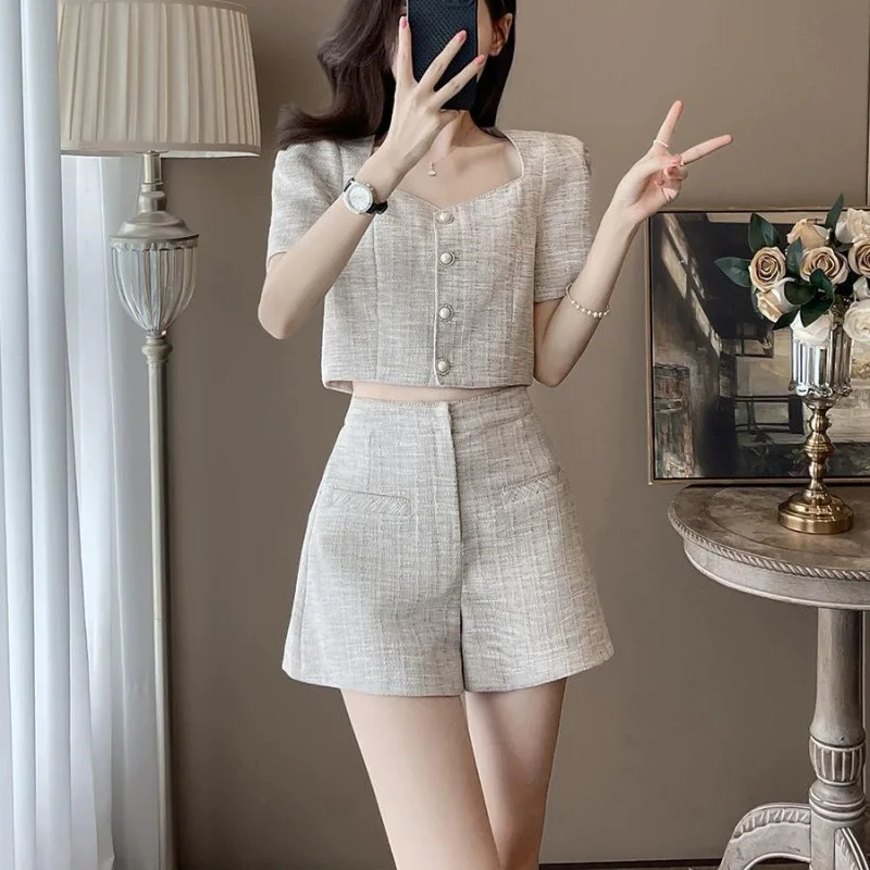 Women's khaki coarse tweed two-piece set short sleeved jacket+shorts 2026 summer small fragrance style set