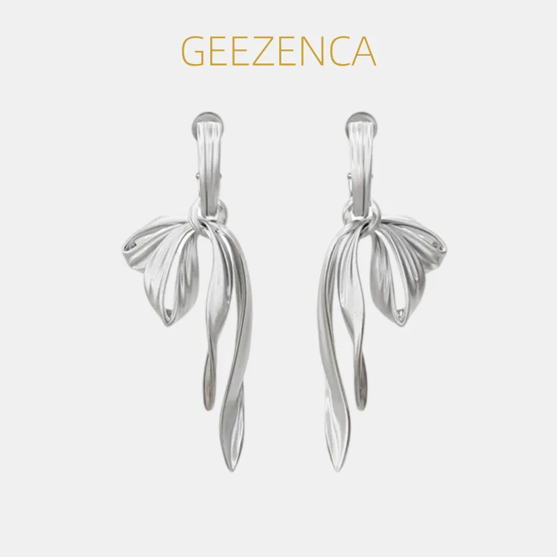 

GEEZENCA 925 Sterling Silver Ribbon Shaped Dangle Earrings For Women Designer Chic Luxury Drop Earring Party Gift P65