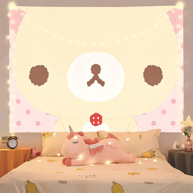 Cute Cartoon Bear Tapestry Warm Orange Polka Dot Animal Wall Hanging Sweet Kawaii Style Wall Tapestry for Teen Girls Bedroom