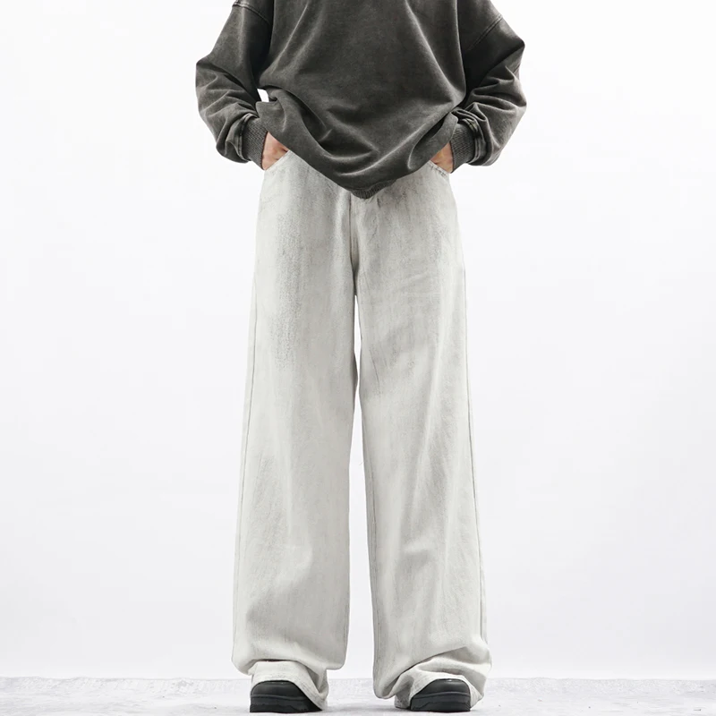 

New Men Loose Daily Draping Wide Leg Jeans Male Vintage Design Wash White Denim Pants Fashion Streetwear Casual Denim Trousers