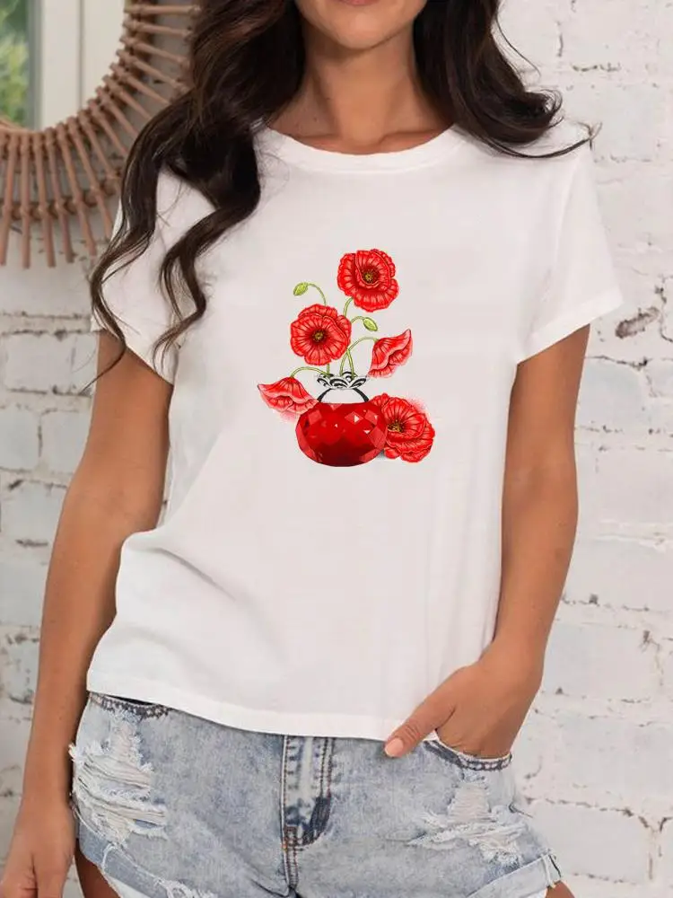 Di modo T Abbigliamento Delle Donne Delle Signore Casual Femmina Fiore Dolce 90s Tendenza Della Stampa Manica Corta T-Shirt Vestiti Graphic Tee