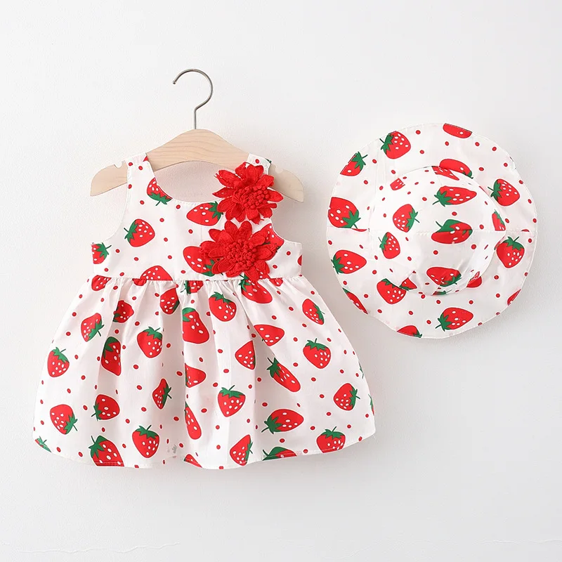 

2024New Summer Children's Wear Girl's Printed Sling Sleeveless Birthday Party Dress Baby Strawberry Tank Top Beach Dress+Hat