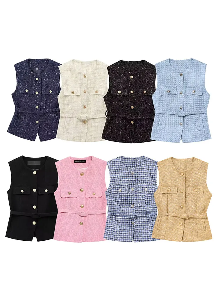 TRAFZA 2025 Woman Button Pockets Decoration Casual Slim Waistcoat Top Women Chic O-Neck Sleeveless Texture Vest Top Mujer image 3