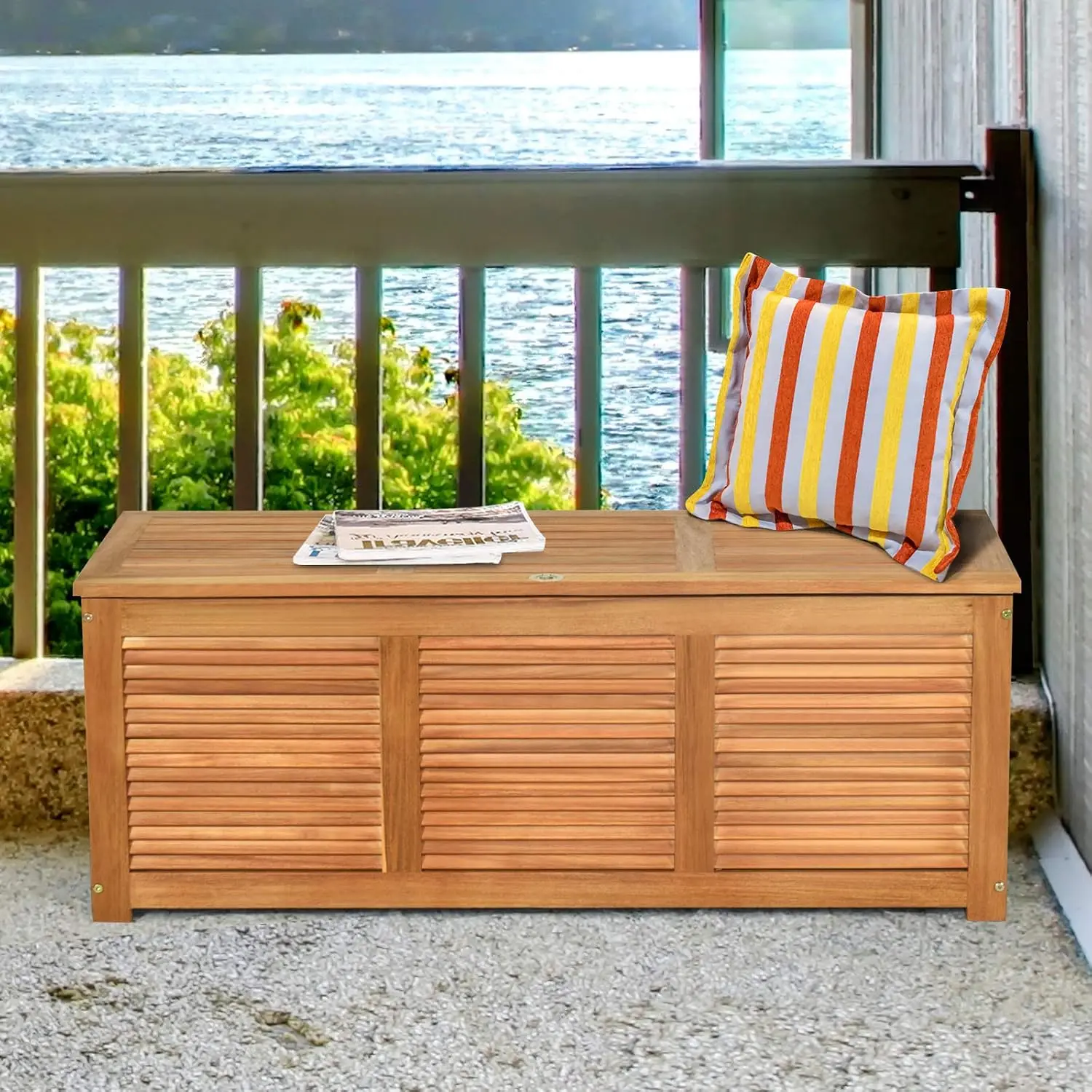 Acacia Wood Deck Box, Large Patio Storage Bench for Outside Furniture Cushions, Weather Resistant Garden Storage Container Box, Heavy Duty Backyard Seating Organizer, Natural Color view 6