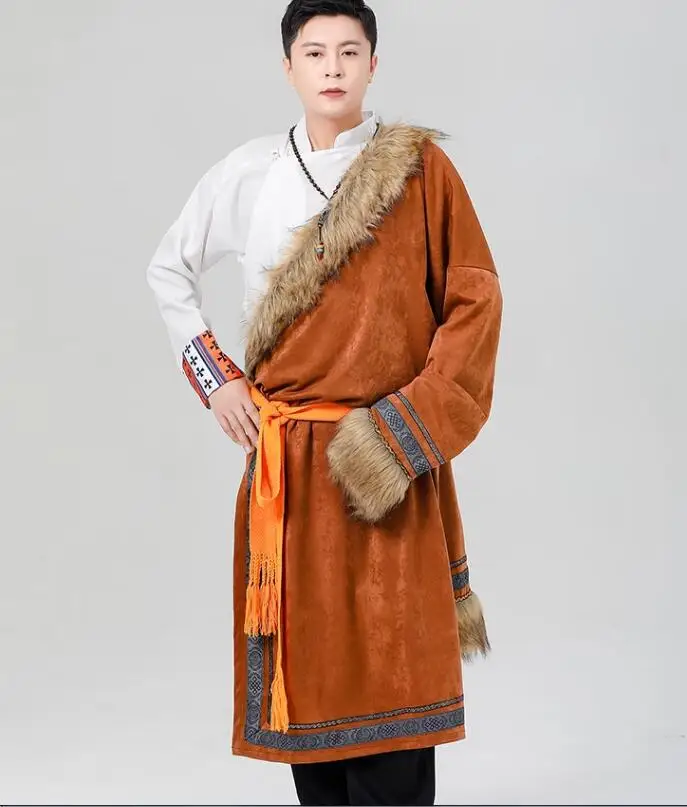 Chinese Tibetan Performance Costume Winter Men\'s Thickened Xizang Traditional Tibetan Robe