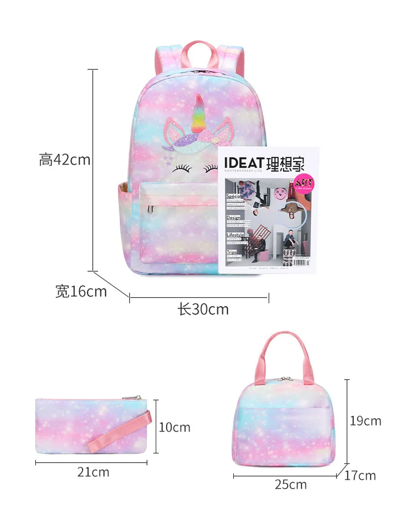 Druck Schult asche Rucksäcke Regenbogen dreiteiliges Set für Mädchen niedlichen Cartoon gedruckt Schulbuch Tasche für die Grundschule