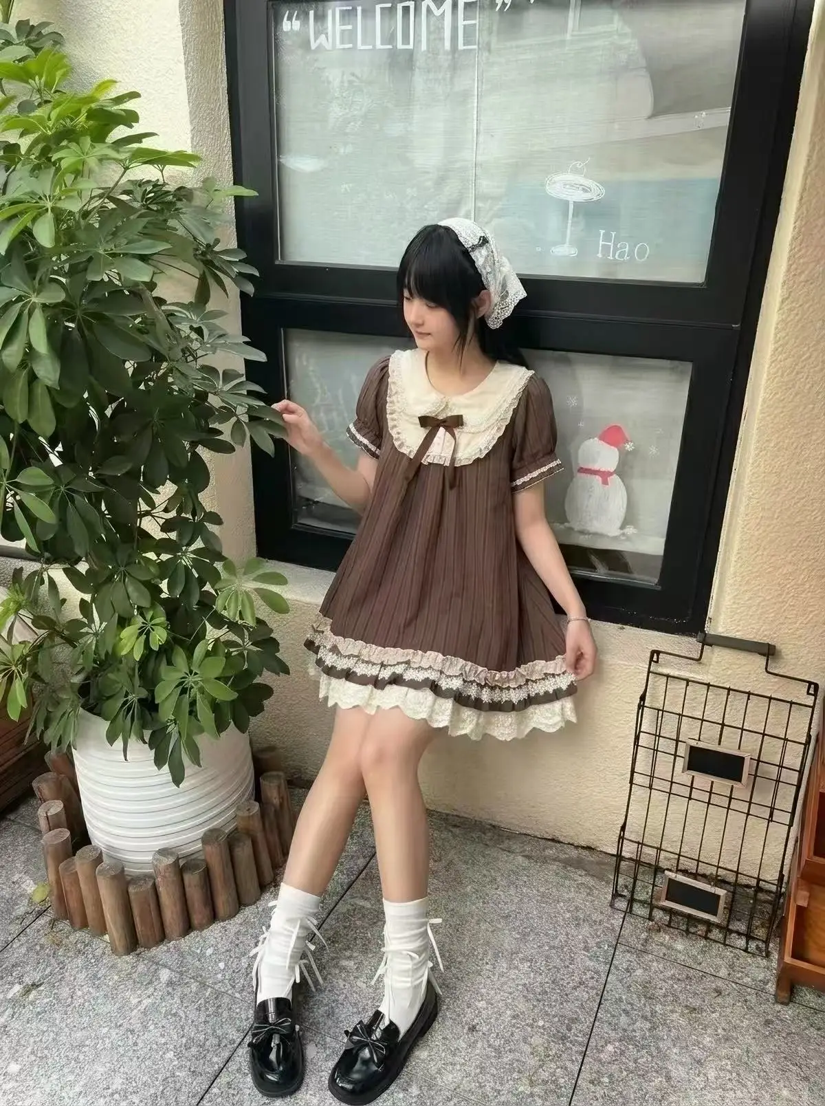 Japanese Vintage Gothic Lolita Doll Dress Women Puff Sleeve Striped Lace Trim Bow Ruffled Hem Mini Dress Casual Outfit 2026