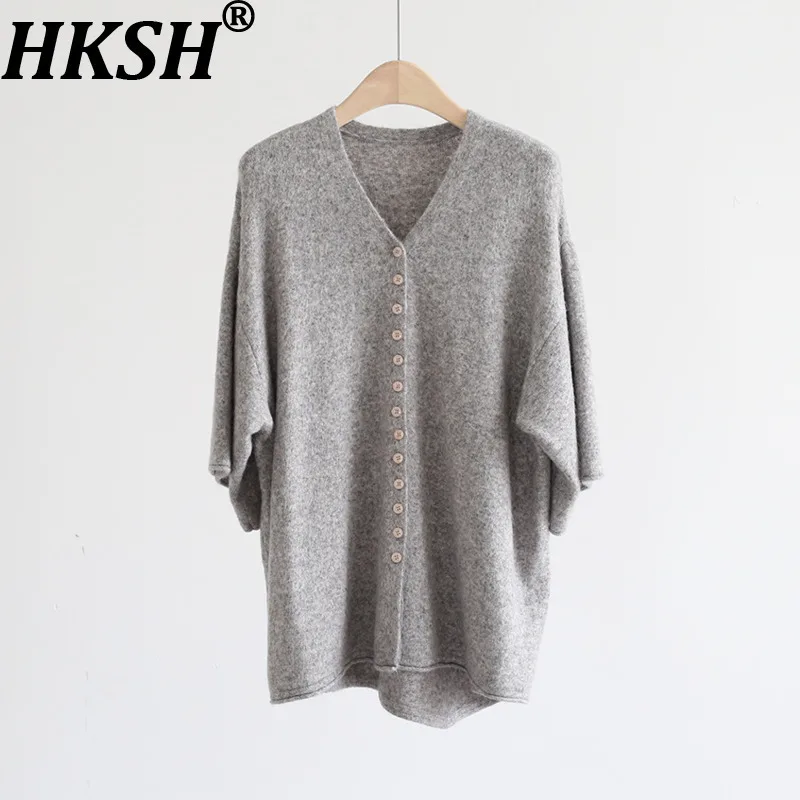 

HKSH Autumn Winter New Women Sweater V-neck Single Breasted Seven-Quarter Sleeve Solid Color Casual Ins Knitted Cardigan HK13820