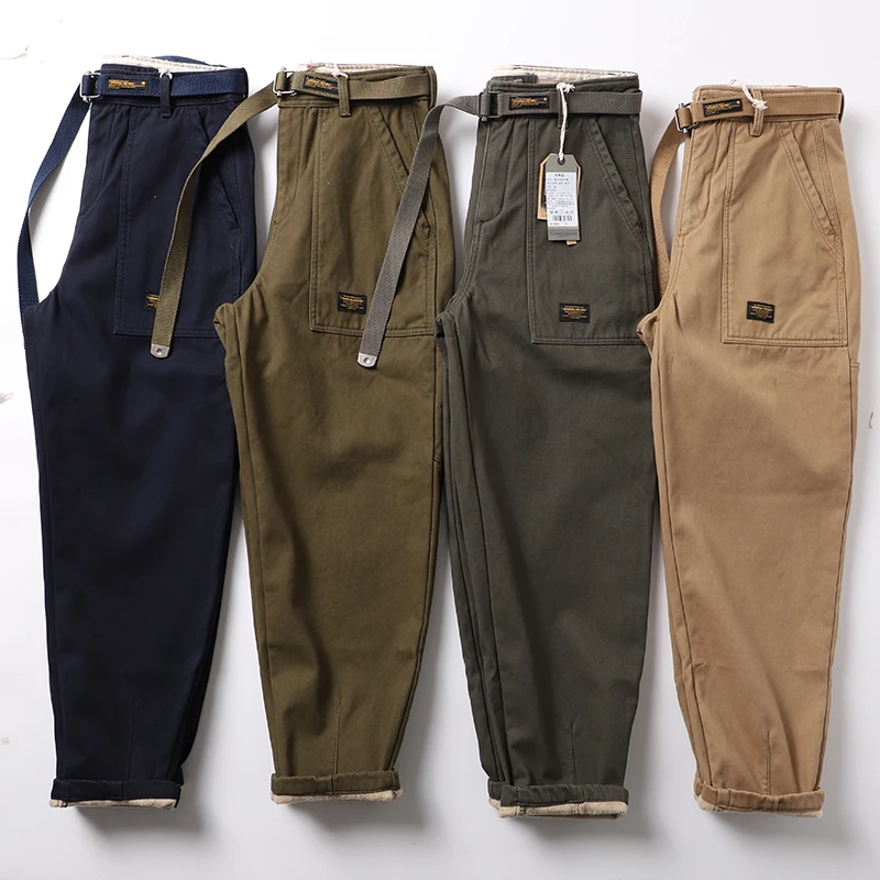 

Thiened Fce Lined Retro Work Pants Men's Loose Fit Warm Trousers with Belt Khaki Color Casual Long Pants