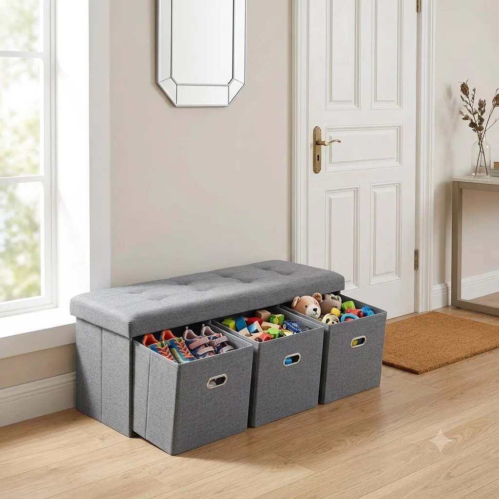 Foldable Linen Storage Ottoman Bench with 3 Removable Drawers, Grey Tufted Seat Foot Rest Stool, Multifunctional Entryway Shoe Toy Storage Chest for Bedroom Living Room