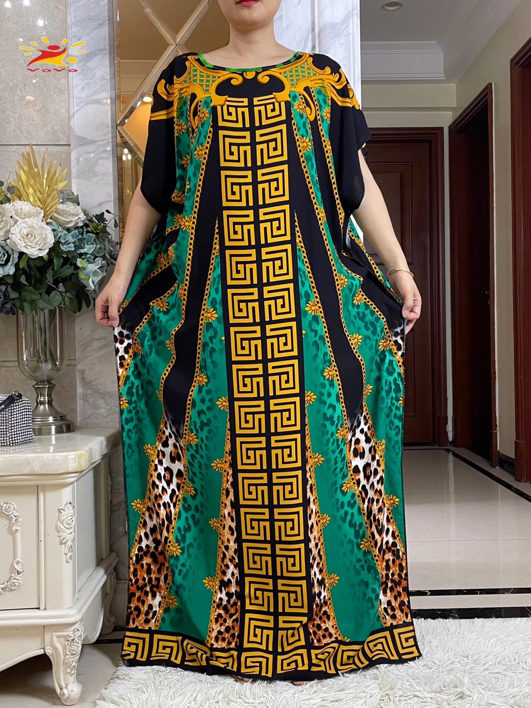 New Summer Short Sleeve Women\'s Dashiki African Traditional Kaftan Cotton Floral Dress Printed Casual Loose Robe With Big Scarf