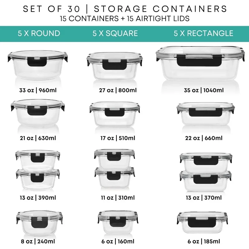 30 Pieces Glass Food Storage Containers with Lids - Reusable Glass Meal Prep Containers with Airtight Leak-Proof Snap Lock Lids