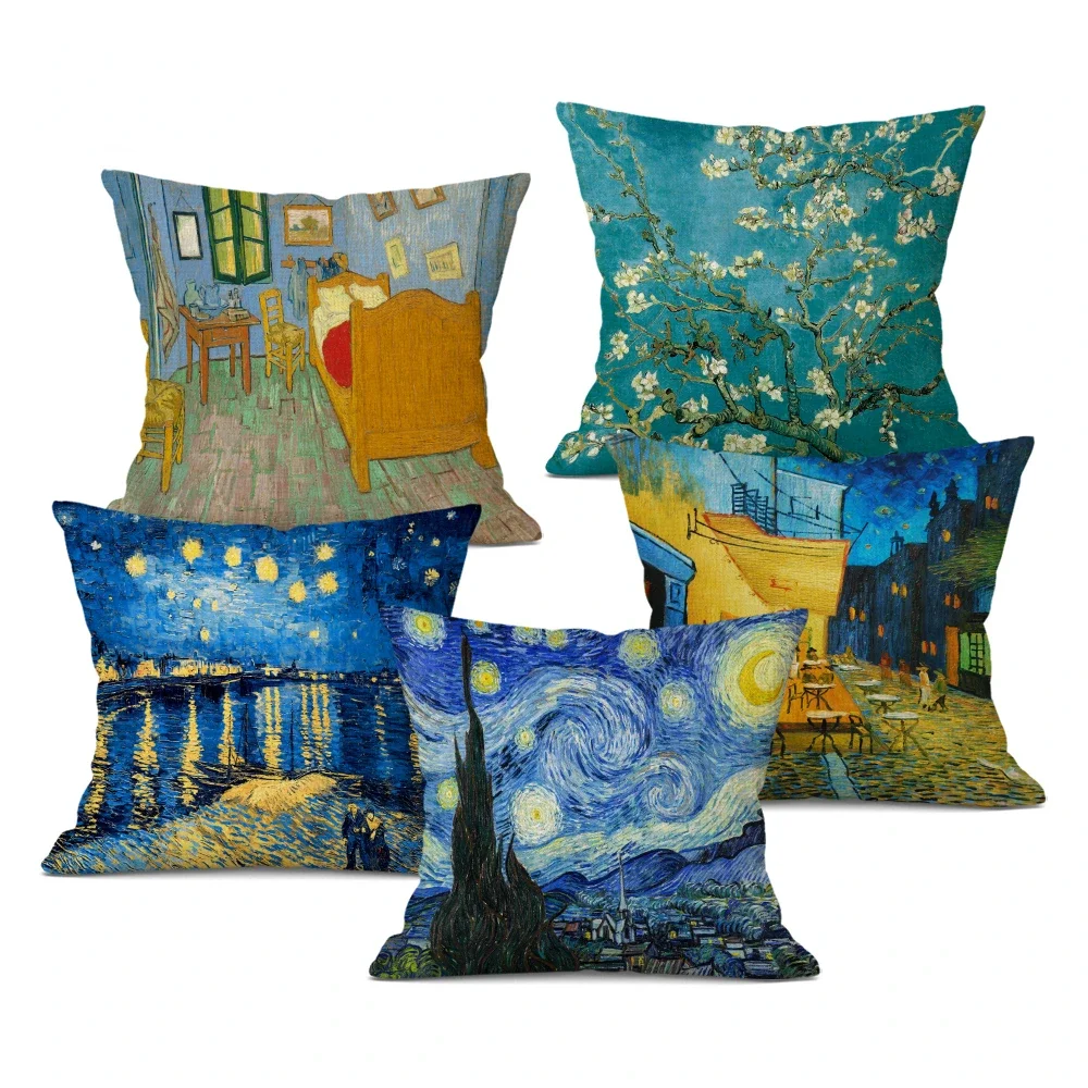 Funda de cojín decorativa de arte de pintura al óleo de Van Gogh, funda de almohada de lino para sofá, decoración de silla