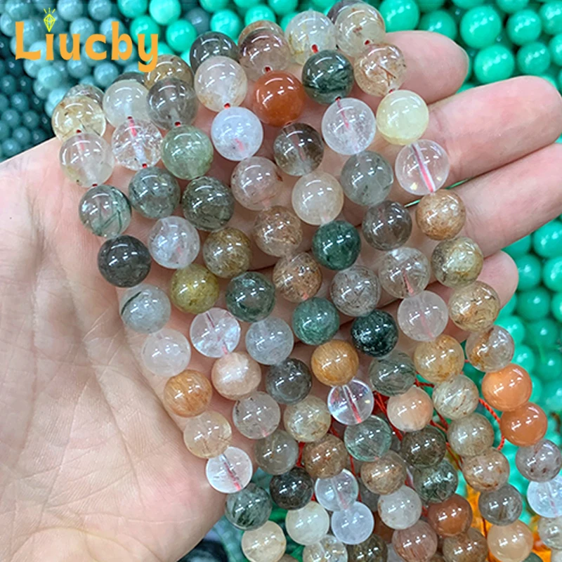 Jewelry Making DIY Natural Stone Mixed color Rutilated Quartz Handmade Round Bead Rings For exquisite Necklace 15\