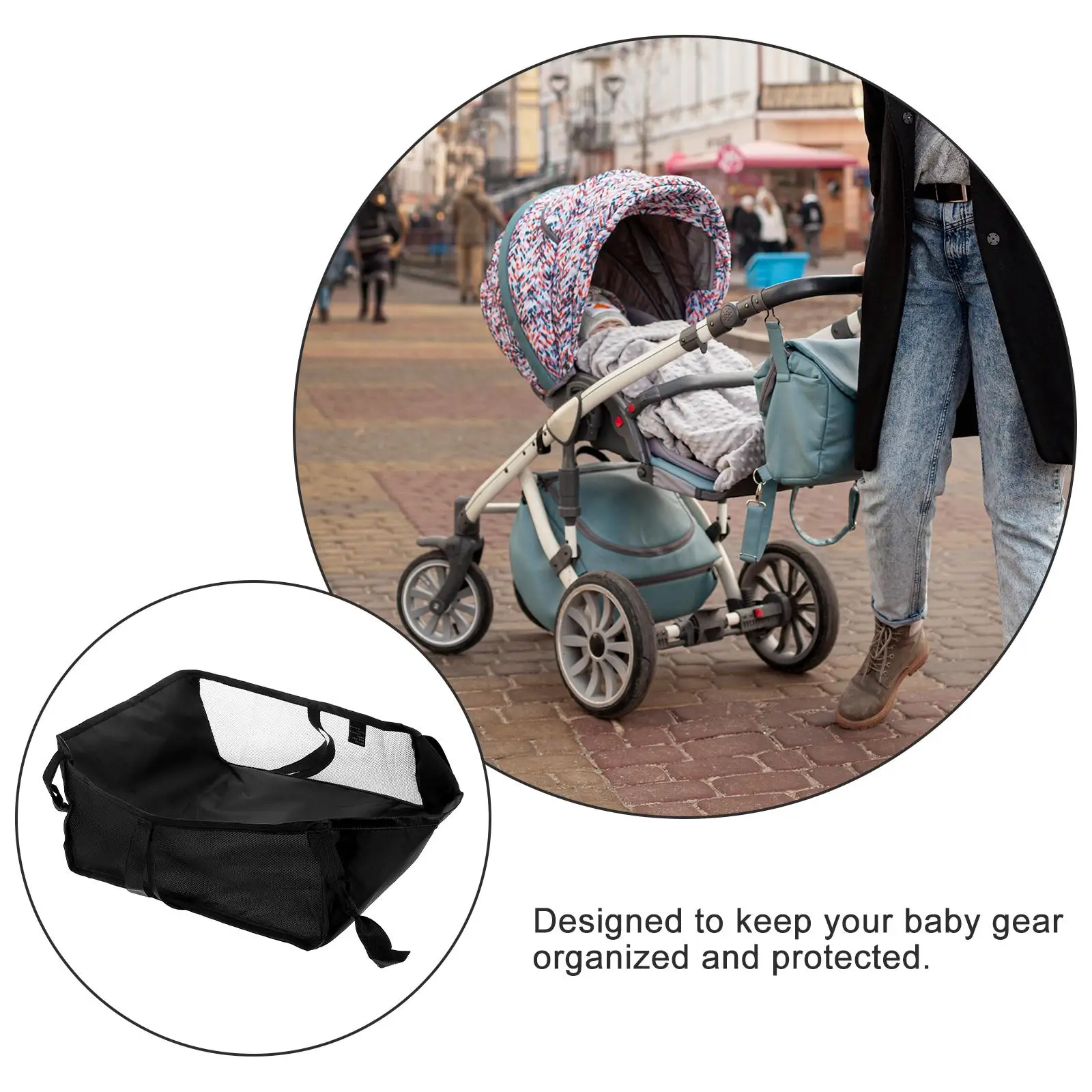 أكياس تخزين معلقة بإطار سفلي وشبكة كرسي يدفع باليدين لعربة الأطفال السوداء للتسوق #3