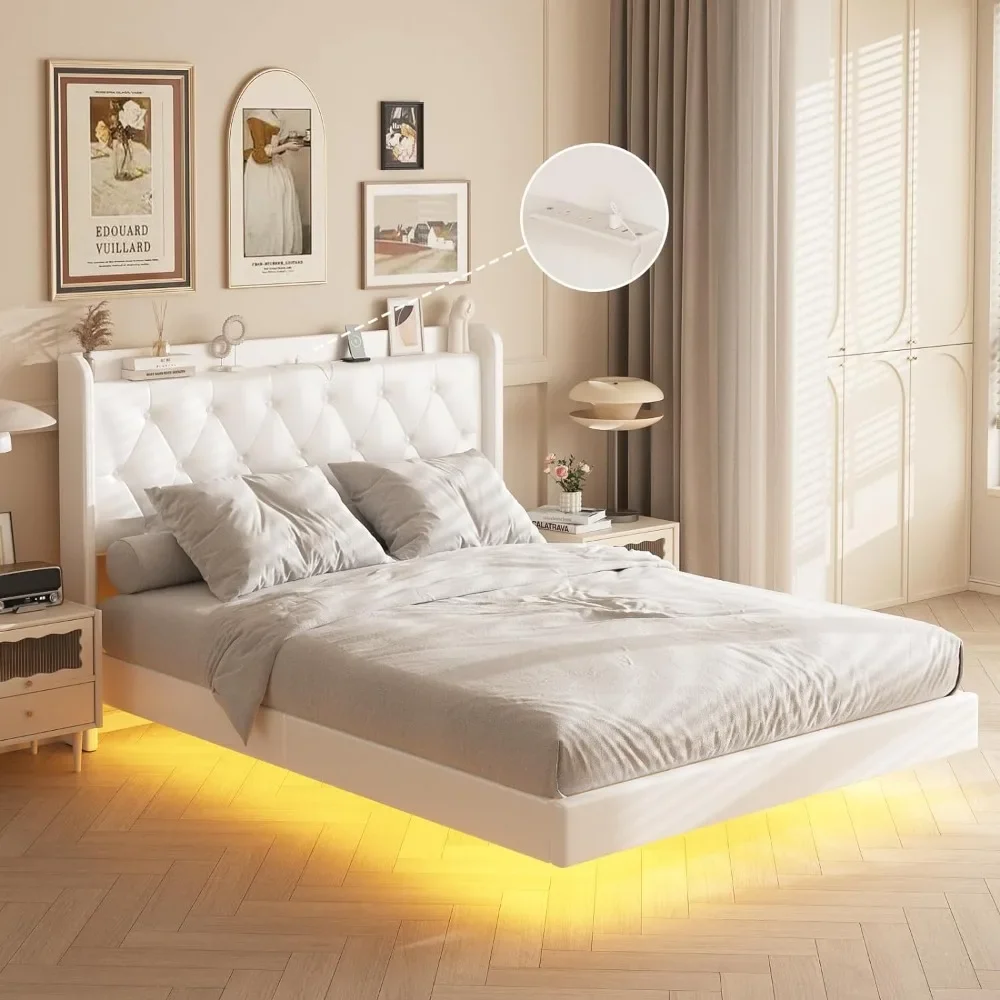 Full Size Bed Frame with LED Light, Charging Station, Button Tufted Headboard Storage, Upholstered PU Leather Floating Bed Frame