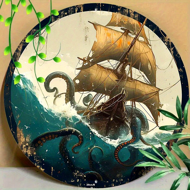 

Round Metal Sign, Tentacles, Pirate Ship, Bedroom, Coffee Shop, Bar, Living Room Decoration, Wall Decoration Art, 8in &11.8in