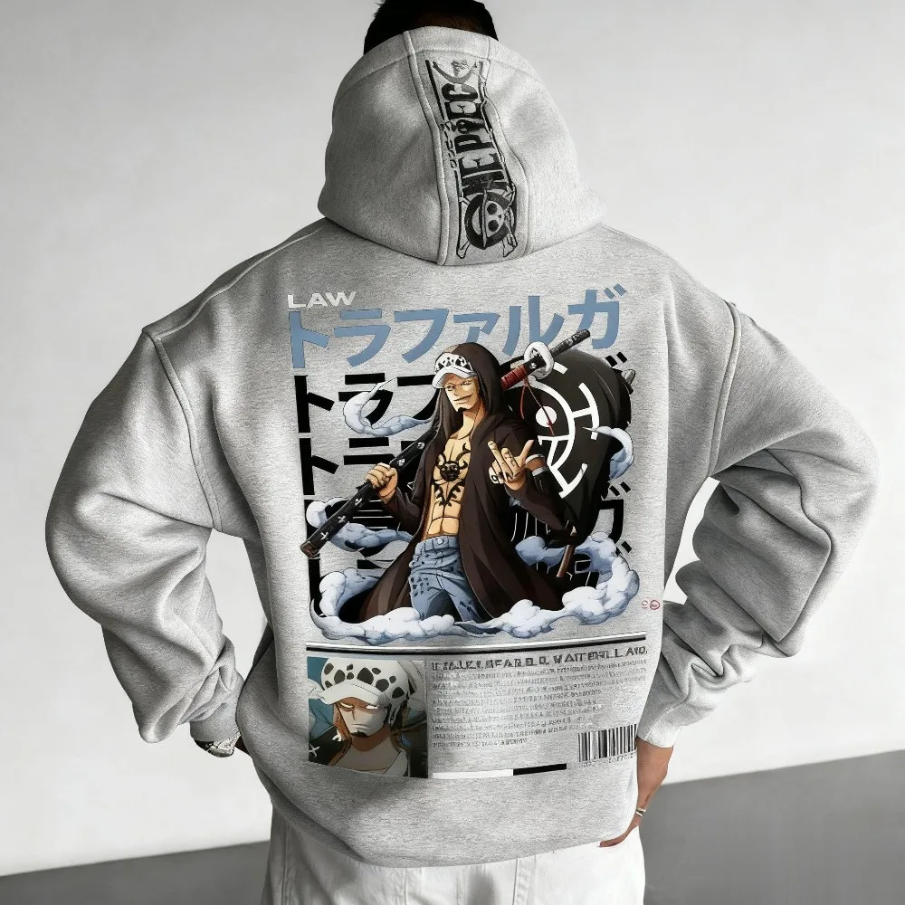 เสื้อฮู้ดลายการ์ตูนวันพีซ ตราฟัลการ์ ลอว์ สีดำ สไตล์ลำลองสำหรับผู้ชาย แฟชั่นใหม่ประจำปี 2025 สำหรับฤดูใบไม้ร่วงและฤดูหนาว