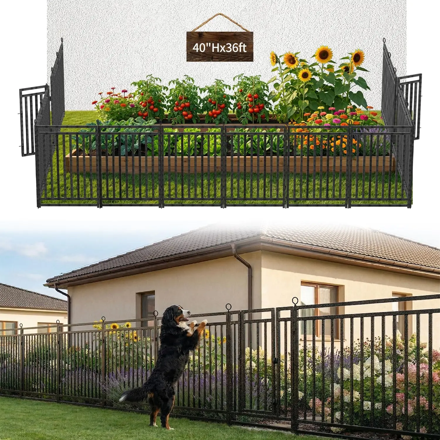 Decorative Garden Fence Metal Dog Fence Outdoor, 40in (H) x 36ft (L), 14 Panels + 2 Gates, Heavy Duty Garden Fencing Animal