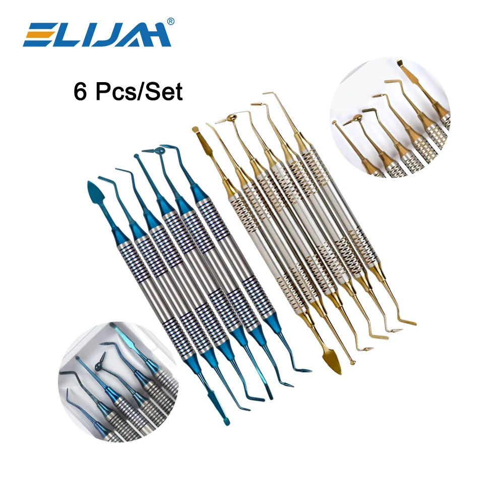 ELIJAH 6Pcs/Kit Orthodontic Composite Resin Filling Spatula Restoration Tool Titanium Plated Head Resin Filler Set Thick Handle