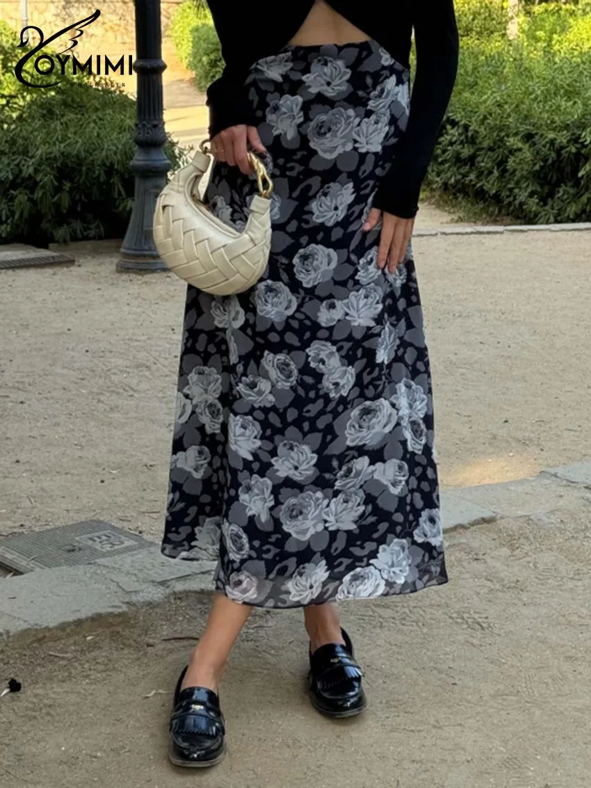 

Oymimi модные серые юбки с принтом для женщин, элегантные новые юбки на молнии с высокой талией, осенняя повседневная свободная юбка до середины икры, уличная одежда