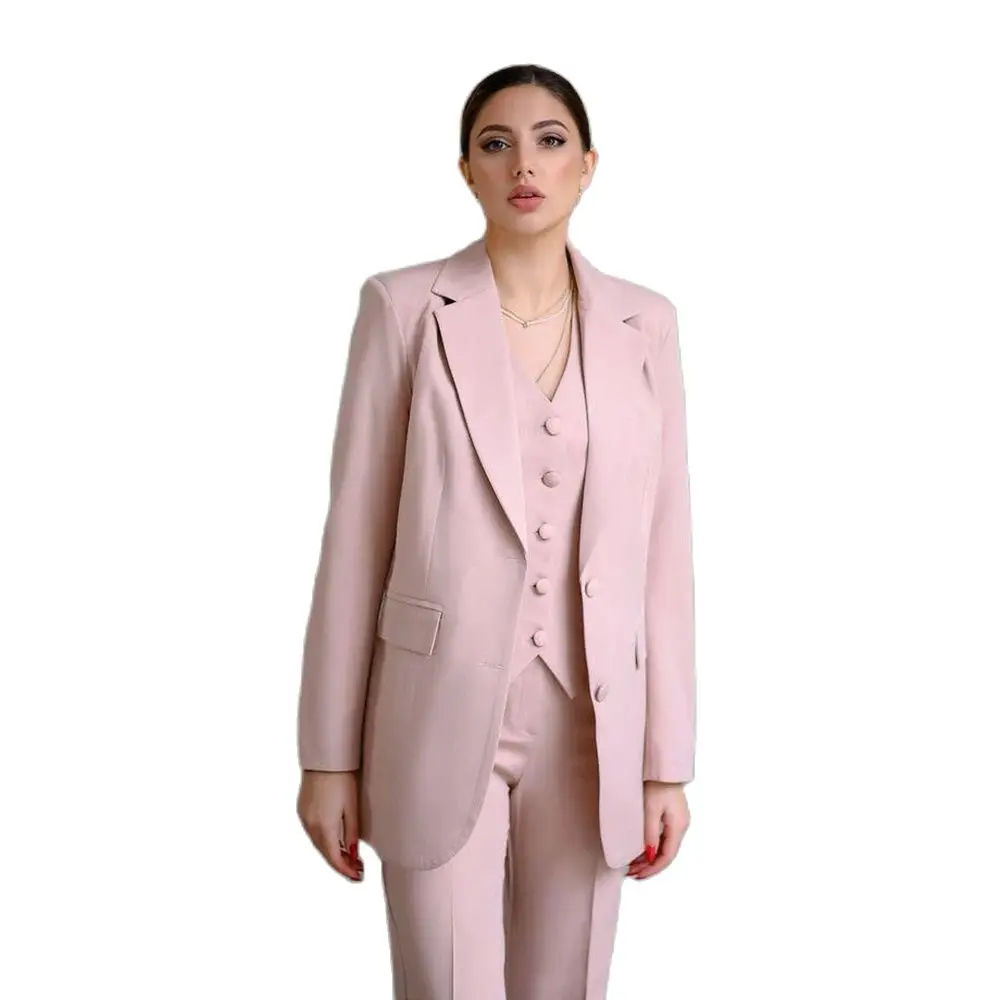 Elegant Pink Fashion Women Pants Set High-end Single Breasted Female Three Pieces(Blazer+Trousers+Vest)أطقم بناطيل