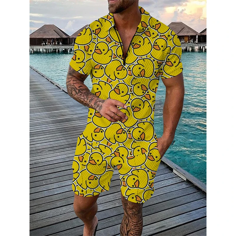 3D Cartoon Duck Pattern Print Men's Sets Fashion Zip Polo Short Sleeve Top Shorts Outfit Summer Street Trend Oversized Tee Suit